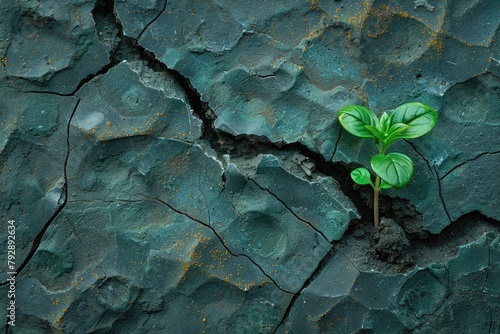 A small green plant is growing out of a crack in a rock. Concept of resilience and hope, as the plant is able to grow and thrive in an unlikely environment