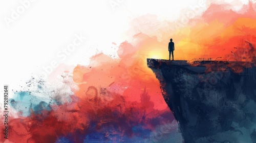 watercolor painting of a man standing on a cliff edge looking out