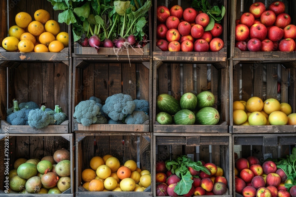A variety of fruits and vegetables are displayed in wooden crates. The apples are in the middle of the crates, while the oranges are on the left side A variety of fruits and vegetables are displayed in wooden crates. The apples are in the middle of the crates, while the oranges are on the left side