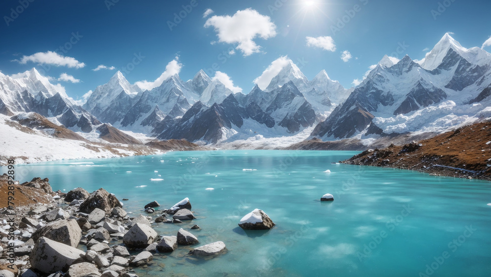 A mountain lake with snow-capped peaks in the distance