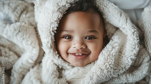 Portrait a cute happy smiling baby wrapped in a soft furry white blanket or towel. AI generated