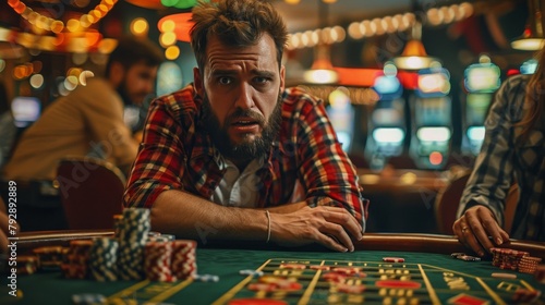 Casino: A photo of a player looking disappointed and frustrated after losing a bet at a roulette table