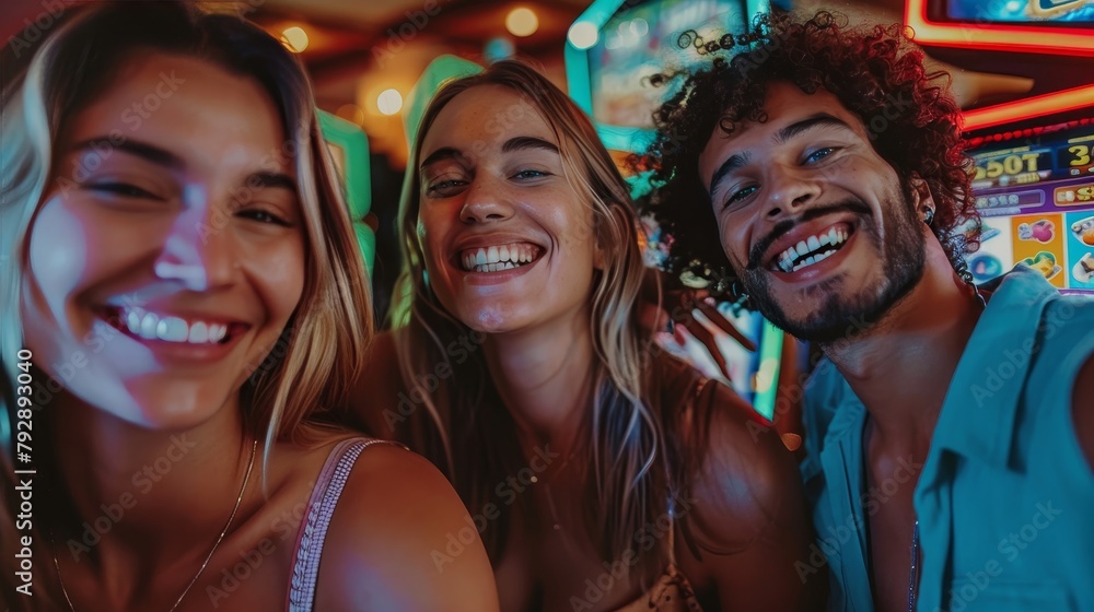 Casino Atmosphere: A snapshot of a group of friends taking a selfie in front of a slot machine Casino Atmosphere: A snapshot of a group of friends taking a selfie in front of a slot machine
