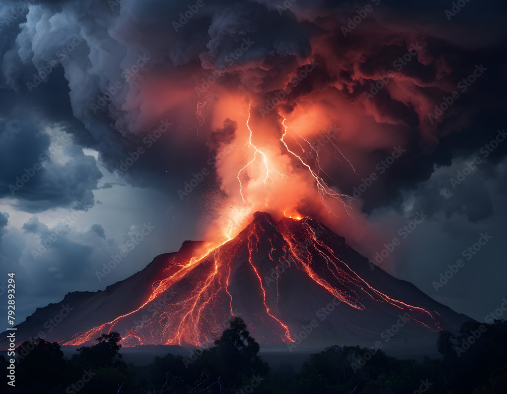 Thunderous Inferno: Volcanic Eruption with Fire, Lava, and Smoke