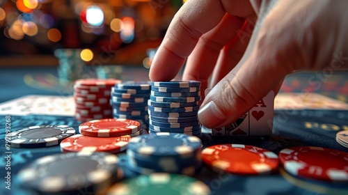 Casino Chip and Cards: A photo of a hand reaching out to pick up a casino chip