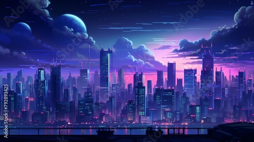 A beautiful painting of a futuristic city at night. The city is full of tall buildings and bright lights. The sky is dark and there are stars and clouds.