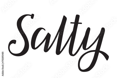 Salty. Handwritten lettering. Inscription in English. Modern brush ink calligraphy. Black isolated word on white background. Vector text. Label for salty foods and snacks. photo