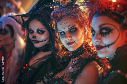 Portrait of a group of young women with Halloween makeup. Halloween.
