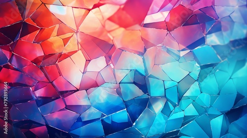 A low poly shattered glass background in shades of red blue and purple.