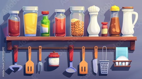 Modern illustration of ketchup, mustard, pepper, salt bottles, grater, wooden board, spoons and cuttlery on a cartoon kitchen shelf.