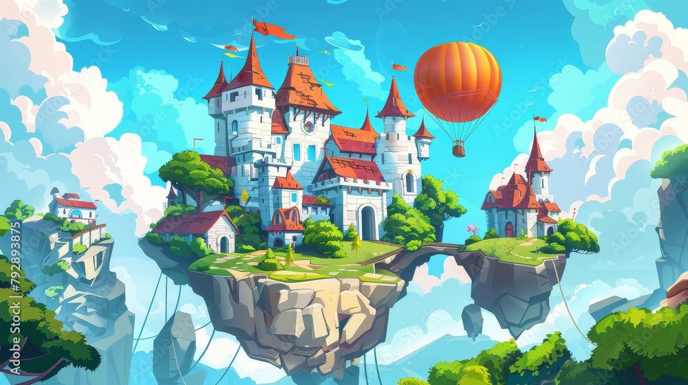 Castle Rook Cartoon An animated princess on a hot air balloon flying towards a magic castle ...
