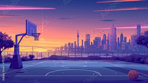 Cartoon modern background with a sunset street basketball court and cityscape skyline. Empty school team arena stadium coast view with a sundown skyscraper view. photo