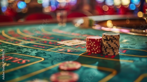 Casino Interiors: A photo of a blackjack table in a casino, with cards being dealt and chips stacked