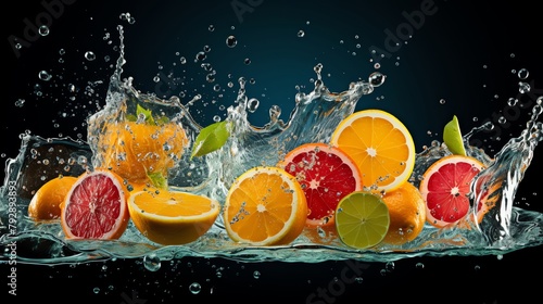 A variety of citrus fruits  including oranges  grapefruits  and lemons  arranged together with water splashing around them.