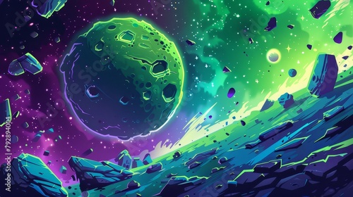 An alien planet's surface with toxic neon substance in cracks, stones scattered after a meteorite strike or explosion. Cartoon illustration of space apocalypse. Background for an adventure game.