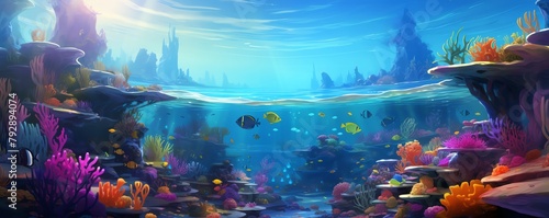 An illustration of a coral reef with many types of fish and other sea life.