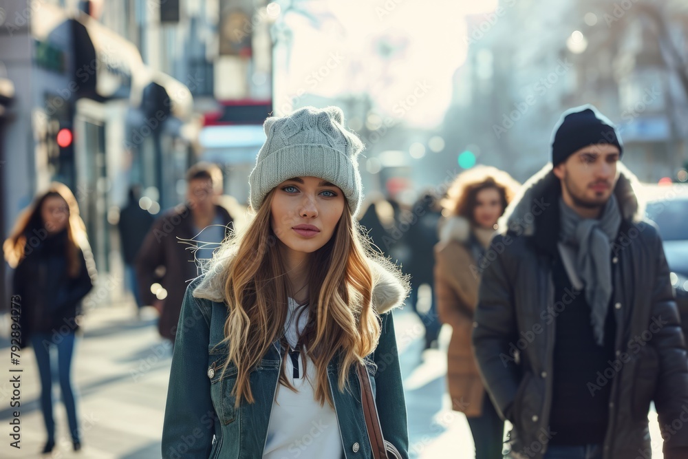 young beautiful hipster woman walking in the city, lifestyle people concept