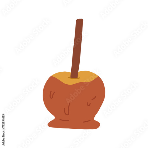Hand drawn caramel apple, cartoon flat vector illustration isolated on white background. Halloween trick or treat element. Apple dipped in caramel.