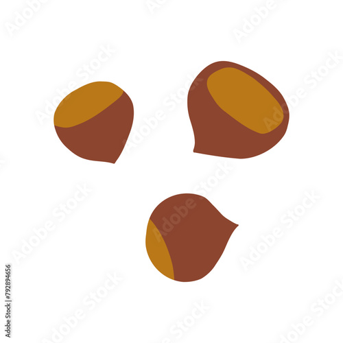 Hand drawn chestnuts group, cartoon flat vector illustration isolated on white background. Concept of autumn nature and food.