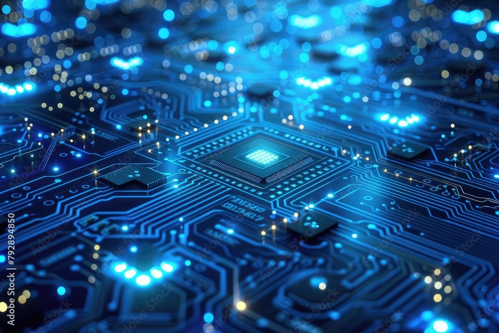 A close up of a computer chip with a blue background. The chip is surrounded by a blue and yellow glow A close up of a computer chip with a blue background. The chip is surrounded by a blue and yellow glow