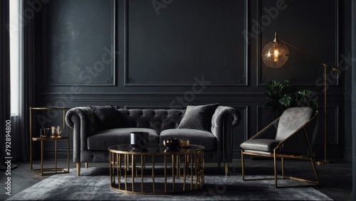 Contemporary Sophistication, Luxury Dark Tones Living Room Interior with Gray Wall, Metal Armchair, Lamp, and Coffee Table