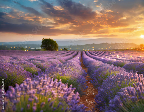 Lavender flowers field at sunset in Provence, Turkiye photo