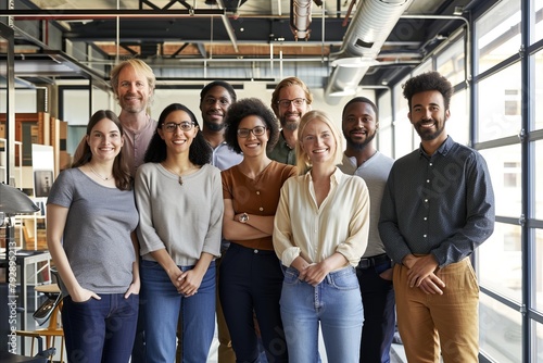 Group of diverse business people standing together in a row in a modern office