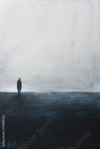 An abstract composition featuring solitary figures silhouetted against a vast expanse of empty space, with muted tones of gray and black conveying feelings of loneliness and solitude. 