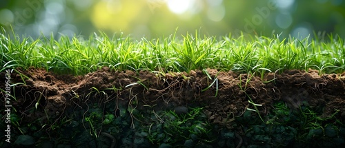 Layers of soil and roots visible in cross-section of green grass turf. Concept Soil Layers, Root System, Cross-Section, Green Grass Turf, Ground Exploration photo