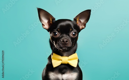 Elegant black chihuahua with a yellow bow tie on turquoise.