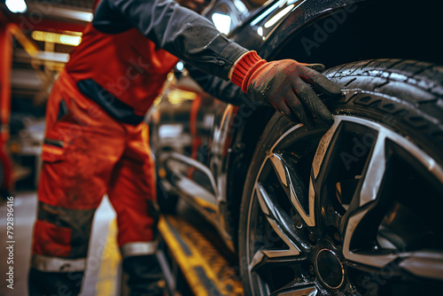 Professional mechanic changing tires in modern auto service center with precision tools and automotive expertise. Expert automotive maintenance and repair services. Auto service garage.