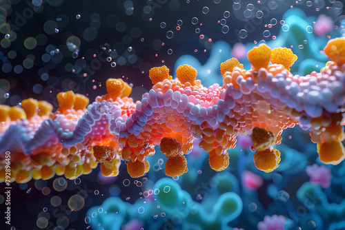 An image of a lipid bilayer forming the cell membrane, with detailed views of hydrophilic heads and photo