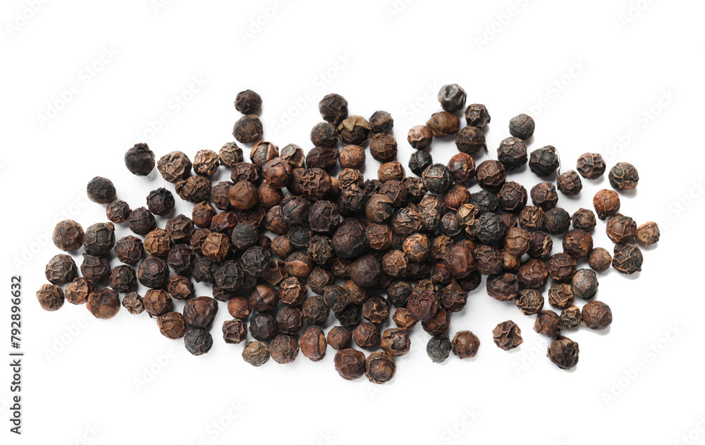 Aromatic spice. Many black dry peppercorns isolated on white, top view Aromatic spice. Many black dry peppercorns isolated on white, top view
