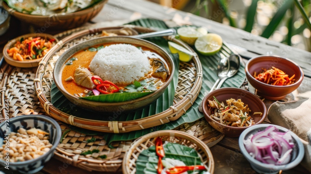 A traditional Thai breakfast set on a rattan mat featuring khao tom (rice soup) with fish
