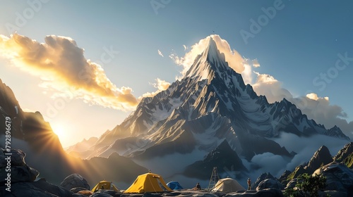 highaltitude mountain camp at sunset, climbers resting, breathtaking views, adventure style, serene and aweinspiring, mountain peak photo