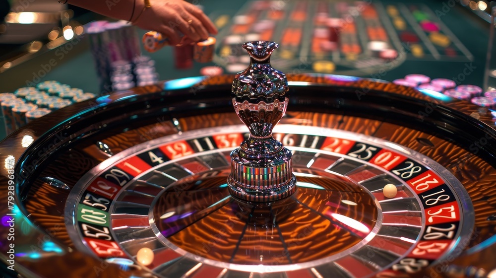 Roulette Chips: A photo of a croupier's hand spinning the roulette wheel Roulette Chips: A photo of a croupier's hand spinning the roulette wheel
