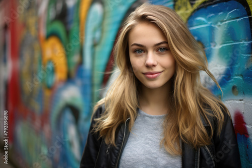 Charming blonde woman with blue eyes stands before a colorful graffiti backdrop, sporting a casual tee and stylish black jacket, embodying urban fashion.