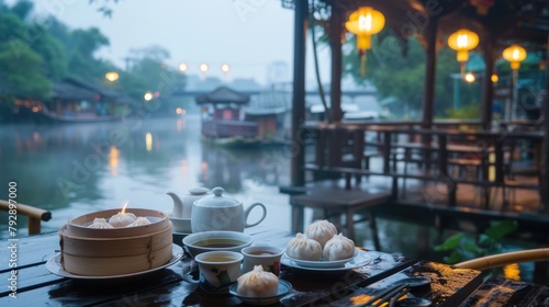 A peaceful early morning setting of a Thai riverside cafe serving dim sum and green tea photo