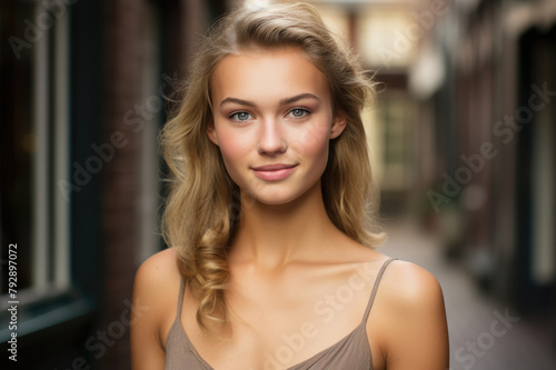 Captivating blonde woman with flowing locks poses against an urban alley backdrop, reflecting a calm charm.