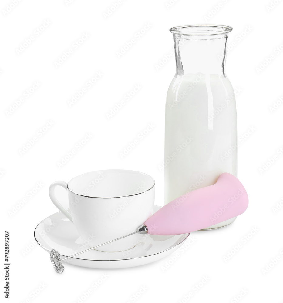 Milk frother wand, cup and glass carafe isolated on white Milk frother wand, cup and glass carafe isolated on white
