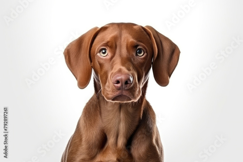 A charming brown dog with earnest eyes and floppy ears against a soft white background portrays innocence and attentiveness.