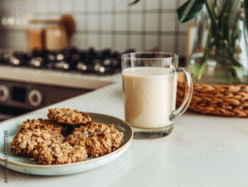 A glass of homemade almond milk alongside a plate of vegan oat cookies on a minimalist kitchen counter