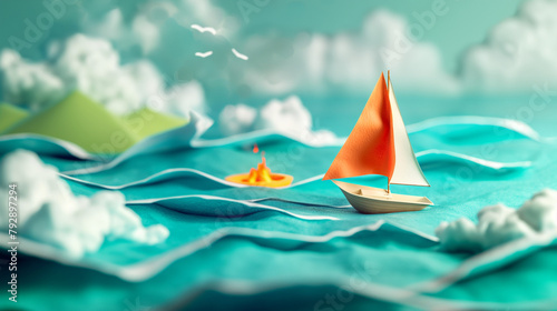 Vibrant orange sail on a small paper boat in a wavy blue sea