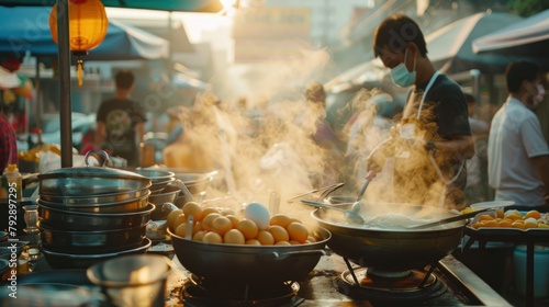 A bustling Thai street food stall in the morning serving hot jok (Thai rice porridge) with minced pork and soft-boiled eggs photo