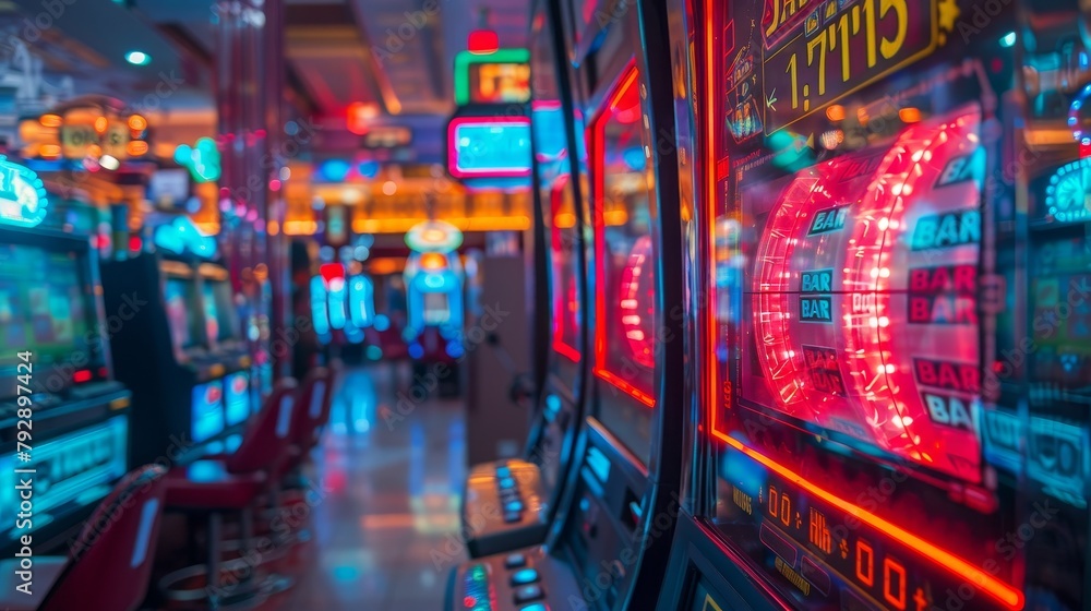 Slot Machine Backgrounds: A photo of a casino setting with slot machines and neon lights