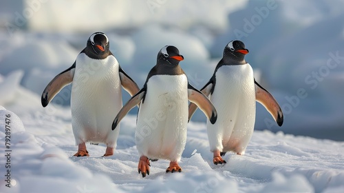 Three adorable Gentoo penguins form a charming row as they stroll along the snowy penguin highway in Antarctica. photo