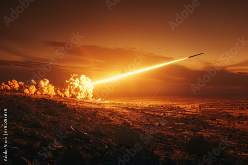A scene depicting a military tracer round in flight, illuminating its path with a bright, fiery stre photo