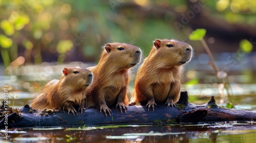 cute group of capybaras in a lake photo