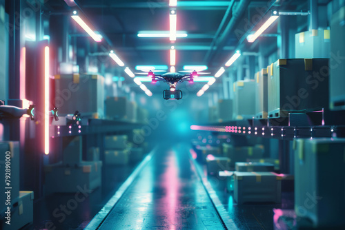 Embark on a journey of automated logistics as drones navigate through a warehouse, depicted in this captivating AI generative image. photo