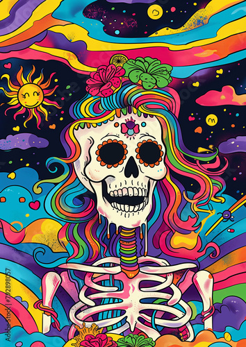 Enchanting Sugar Skull with Rainbow Hair in Cosmic Setting